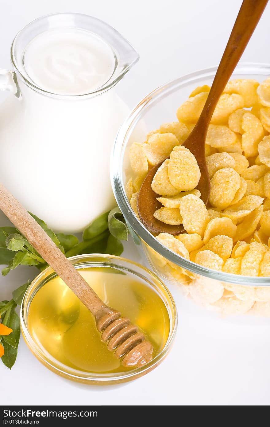 Healthy natural breakfast with cereals, milk and honey. Healthy natural breakfast with cereals, milk and honey