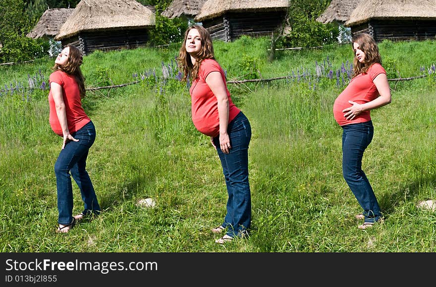 Pregnant girl in three different poses on a background a rural cottage