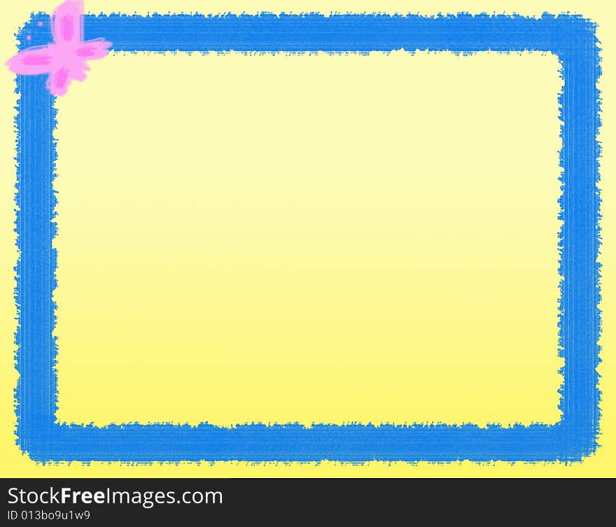 A pink butterfy on a spot of a blu frame in a yellow background. Coloured Picture. Digital drawing. A pink butterfy on a spot of a blu frame in a yellow background. Coloured Picture. Digital drawing.