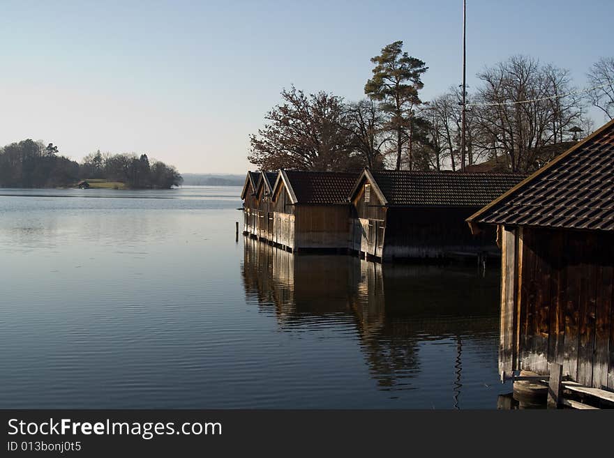 Old boathouses in Staffelsee Lake (Bavaria, Germany)