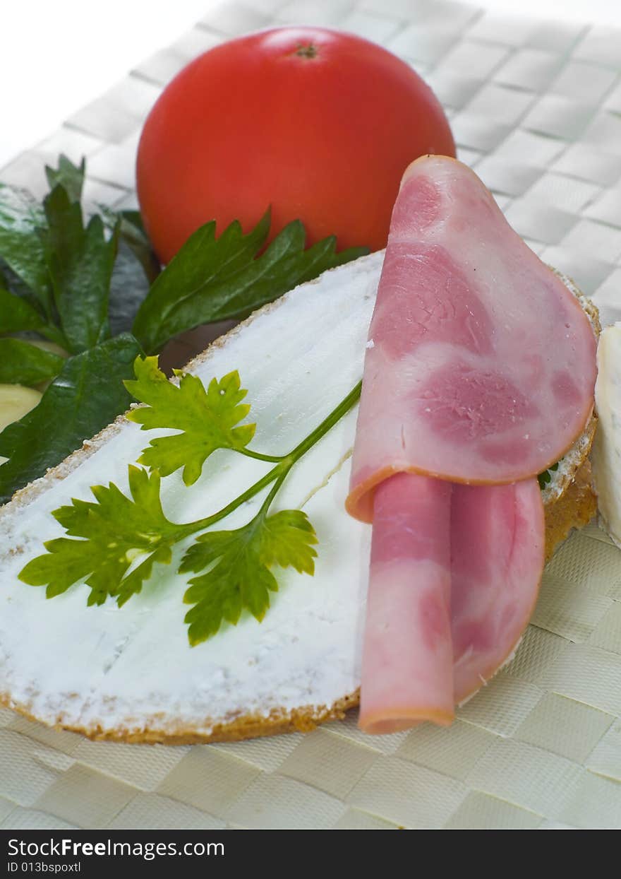 Breakfast,bread,celery,tomato and salami