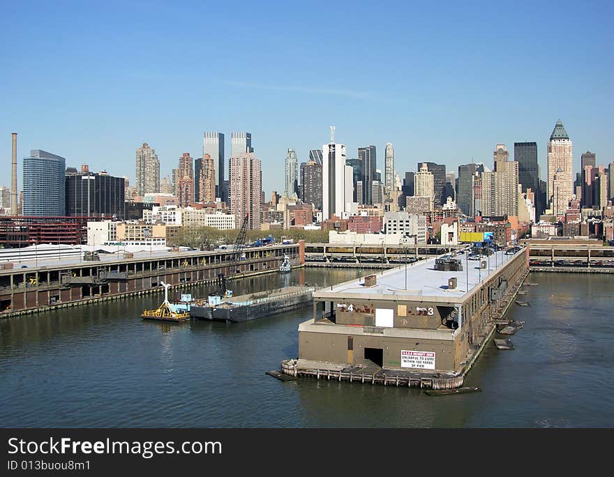 The view of Manhattan berth where cruise ships arrive (New York City).