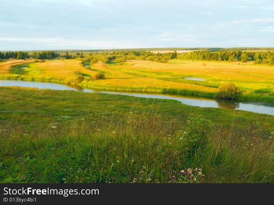 The small river flows through water-meadows. The small river flows through water-meadows