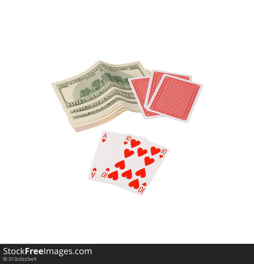 Hundred dollar denominations and a card combination �twenty one� on a white background. Hundred dollar denominations and a card combination �twenty one� on a white background