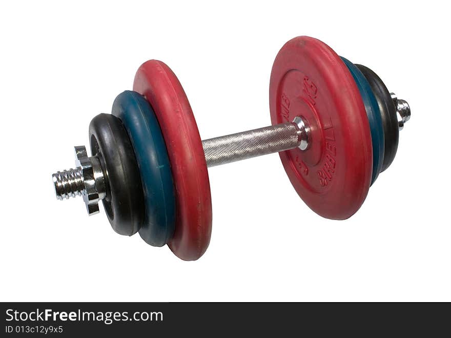 Folding dumbbell with the chromeplated handle and multi-coloured rubber disks on a white background