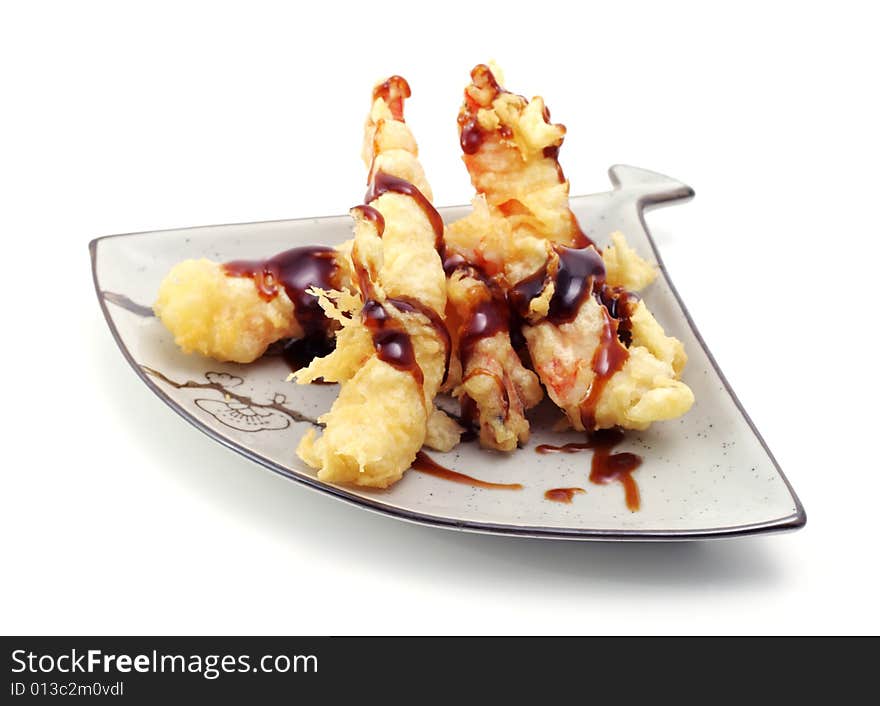 Japan Plate of Shrimp in Tempura Pastry. Isolated on White Background. Japan Plate of Shrimp in Tempura Pastry. Isolated on White Background