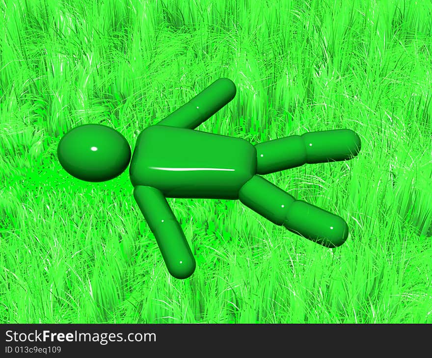 3d green person lying on a grass