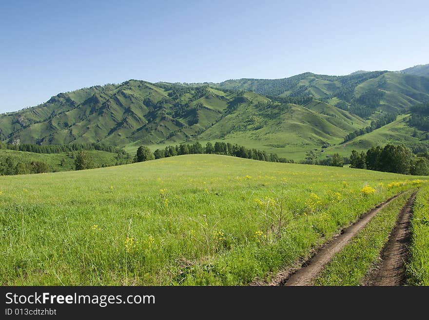 Mountains with green forest on blue sky. Mountains with green forest on blue sky