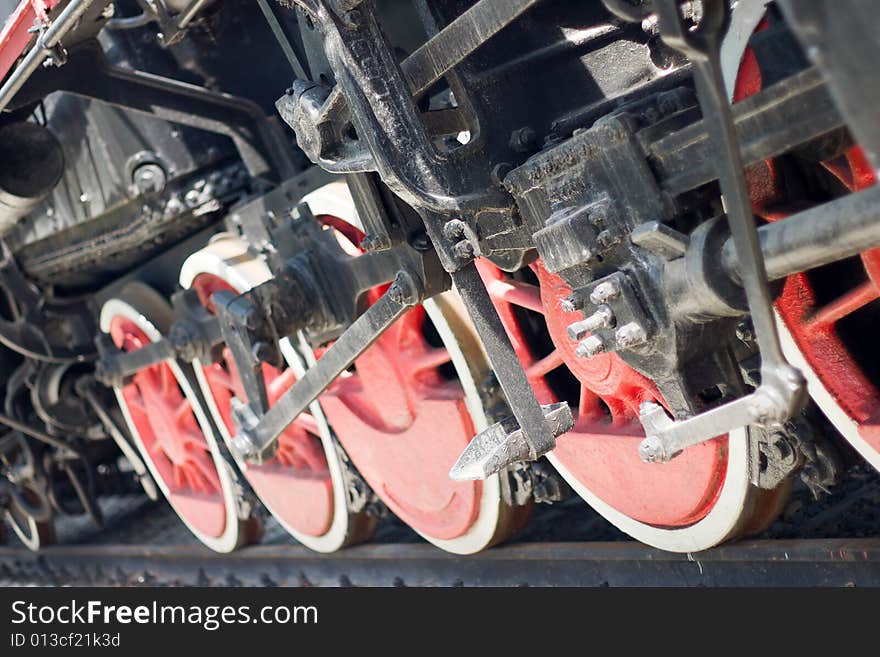 Red wheels of steam locomotive. Red wheels of steam locomotive