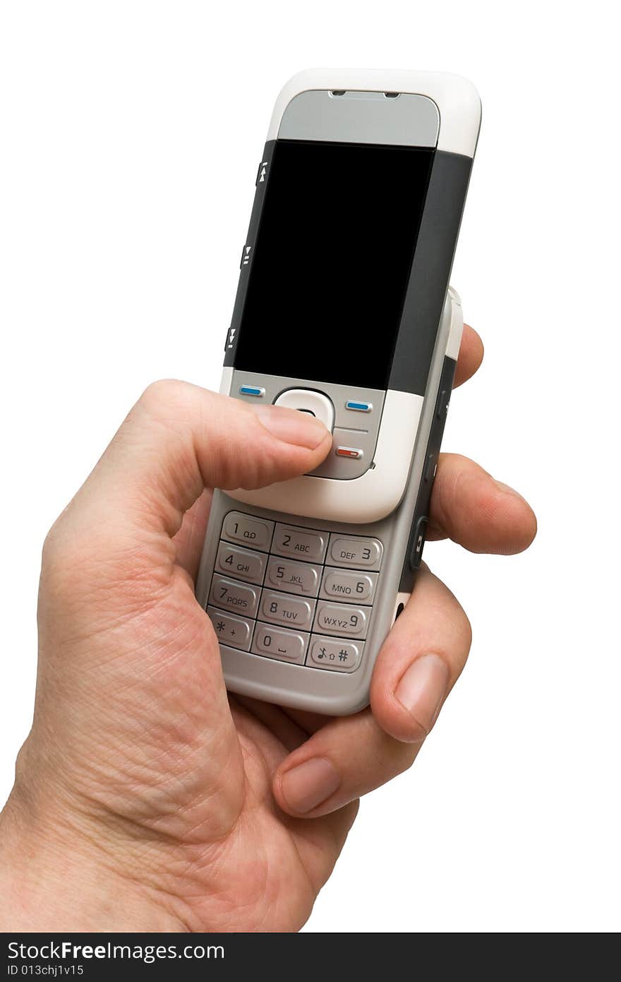 Phone in a hand on a white background