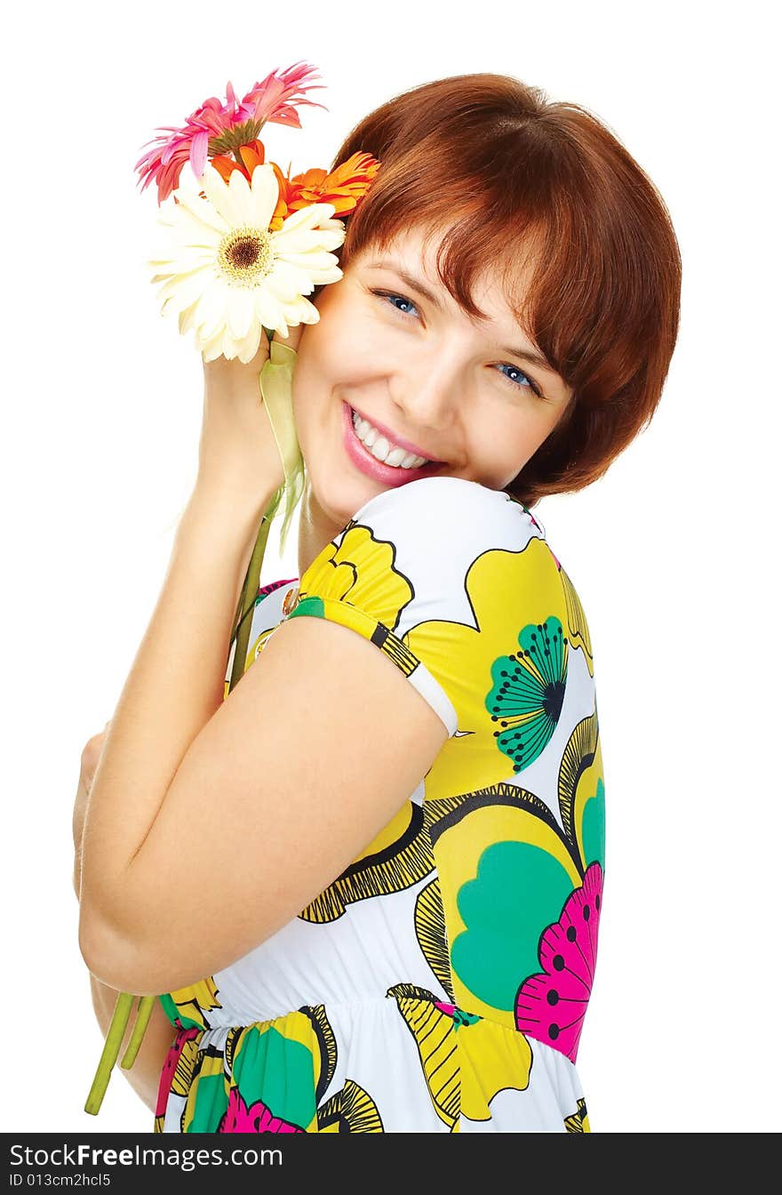 Happy young girl with flowers over white