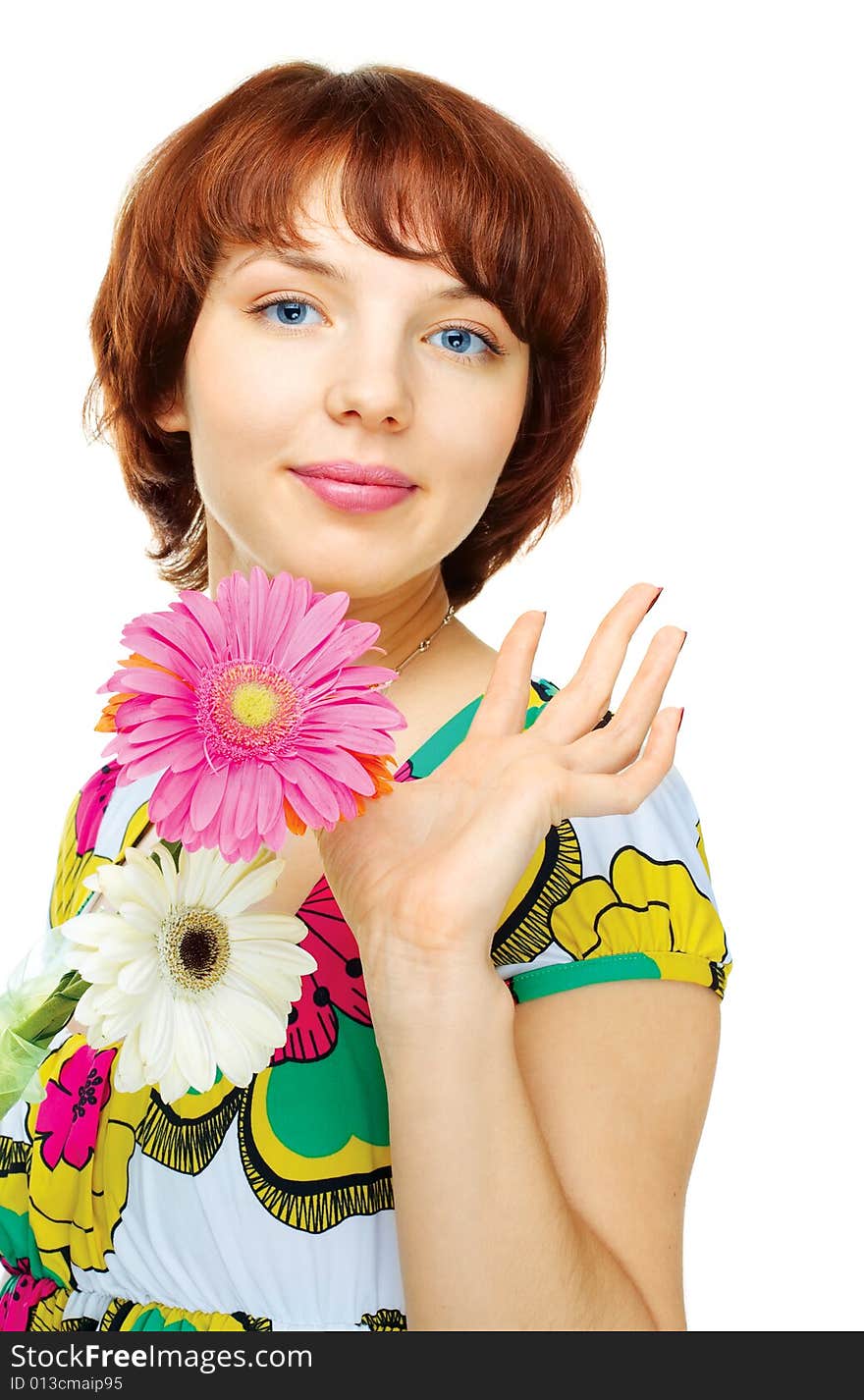 Happy young girl with flowers over white