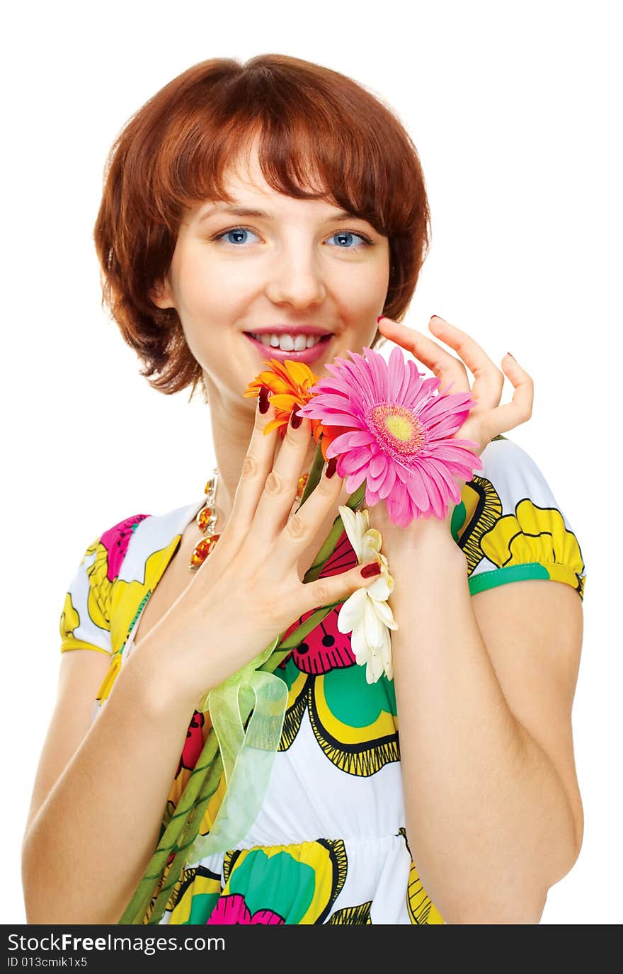 Happy young girl with flowers over white