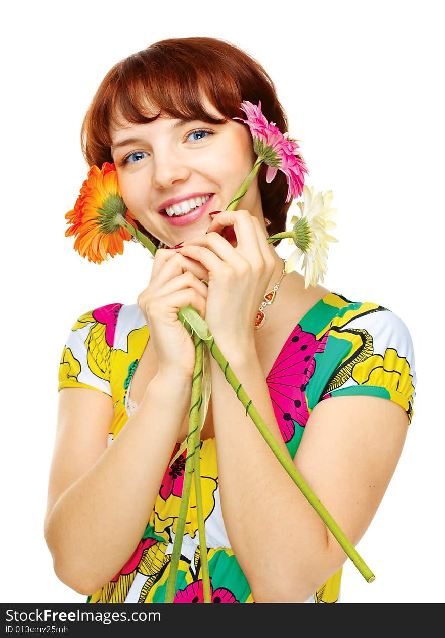 Happy young girl with flowers over white