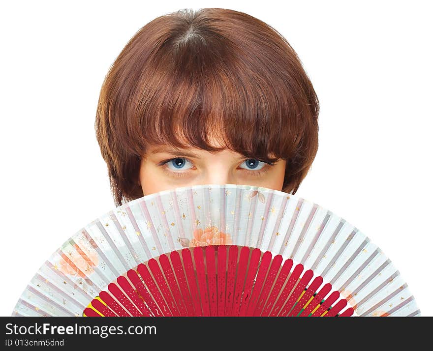 Happy young girl with fan over white