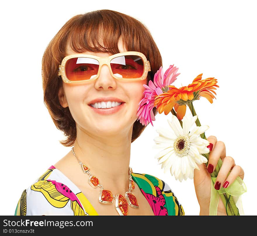 Happy young girl with flowers over white