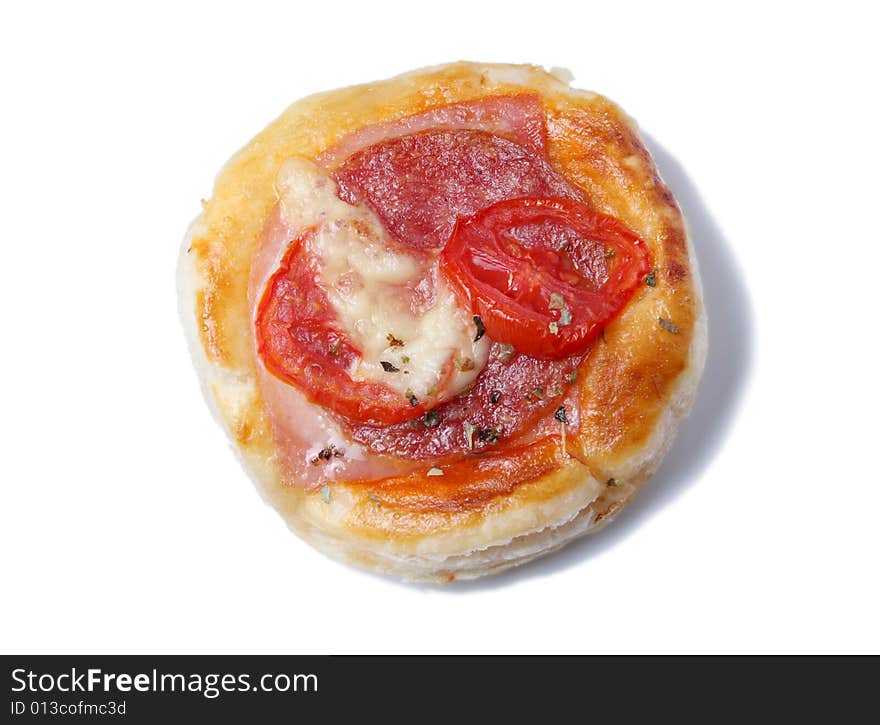 Salt pizza cake with tomato and salami. Salt pizza cake with tomato and salami