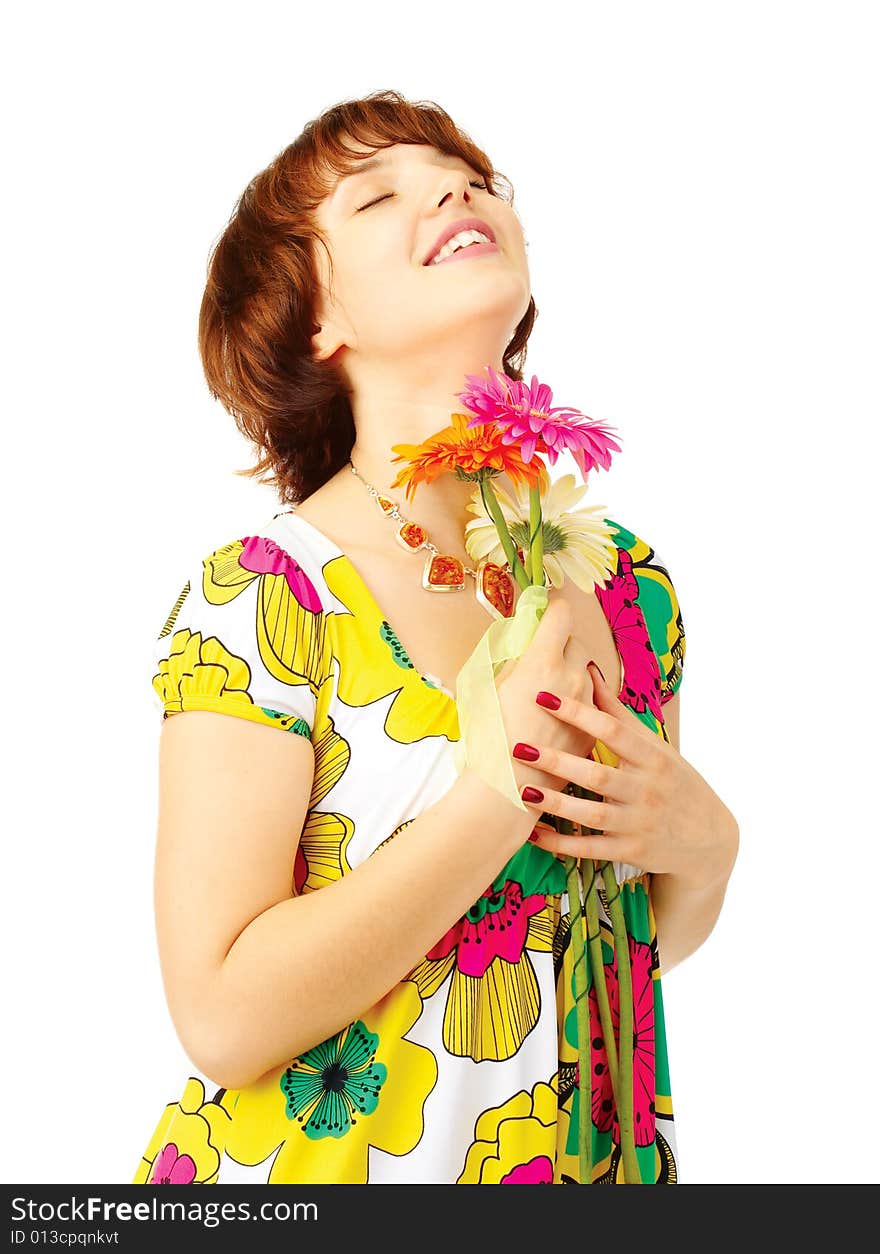 Happy young girl with flowers over white