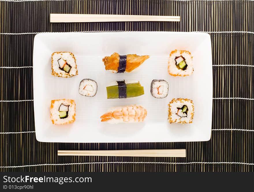 A plate with different kinds of sushi