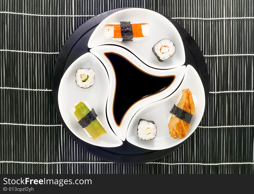 A plate with different kinds of sushi