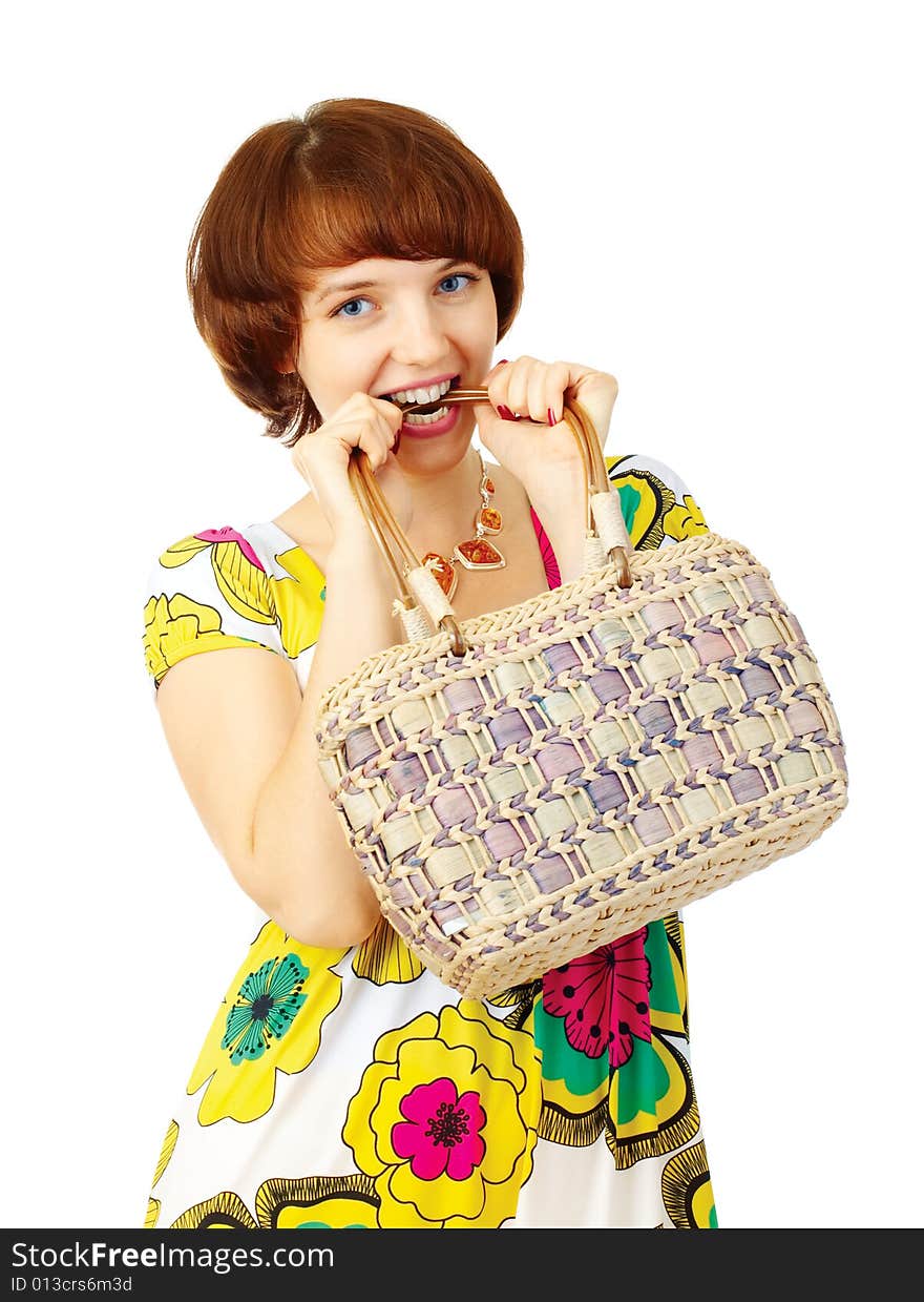 Happy young girl with handbag over white