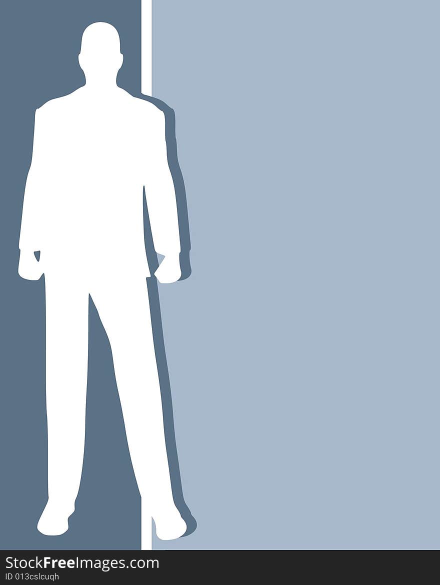 An illustration featuring a white silhouette businessman standing in front of 2-tone background in simple colours. An illustration featuring a white silhouette businessman standing in front of 2-tone background in simple colours