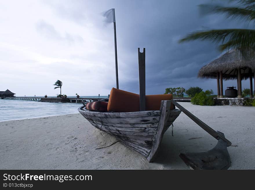 Boat on the shore on a windy day