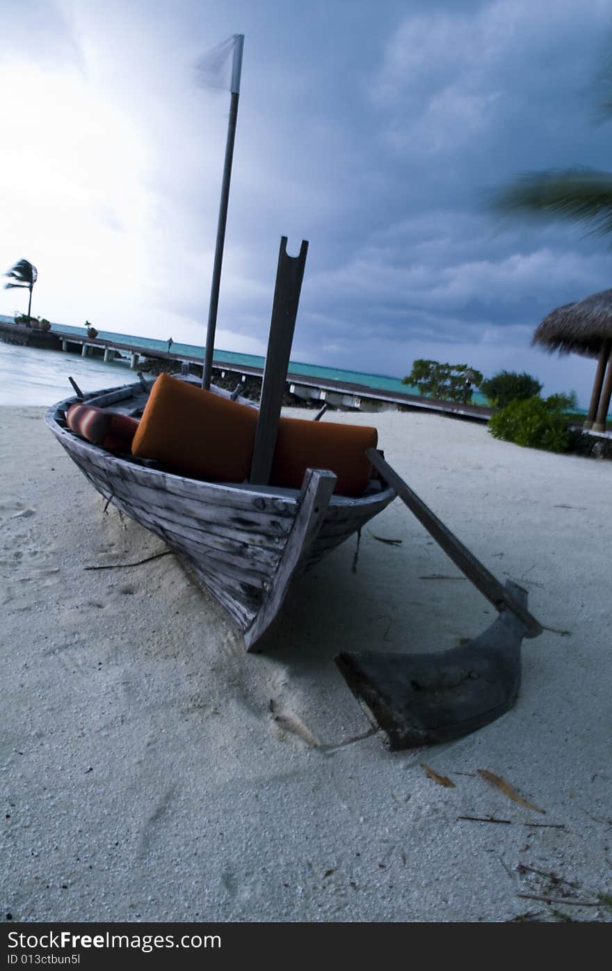 Boat on the shore on a windy day