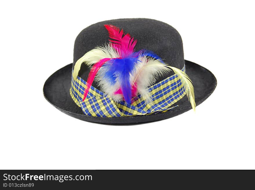 Black hat with feathers isolated on a white background