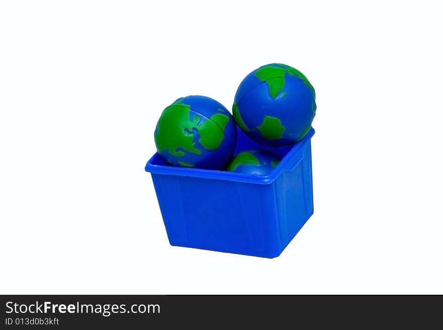 Concept picture with three Earth globes in a blue recycling bin. Concept picture with three Earth globes in a blue recycling bin.