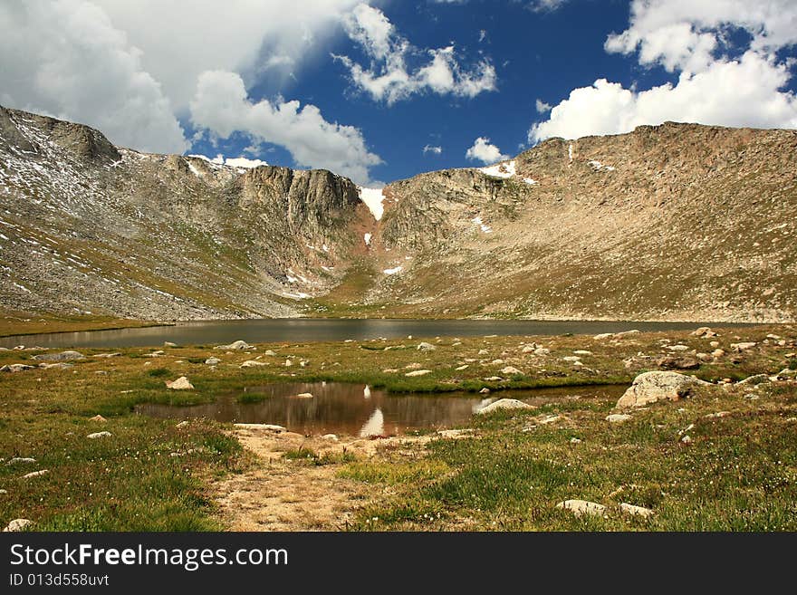 Alpine view of Summit Lake and tundra along road to Mt. Evans in late summer