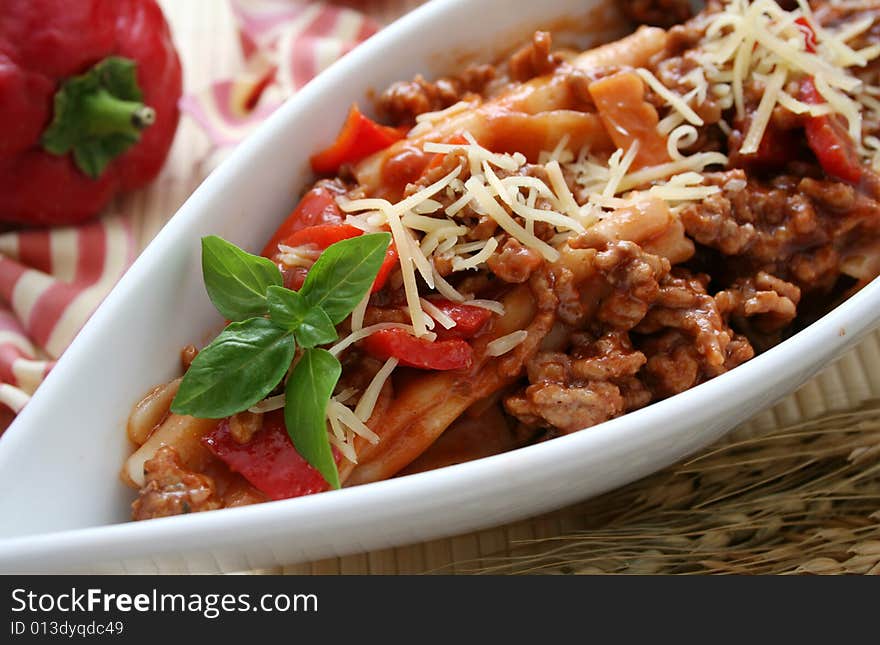 Italian pasta with meat and tomatoesauce