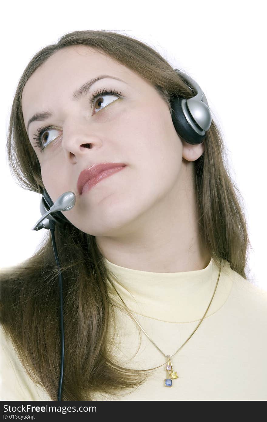 Girl in earpieces on white background