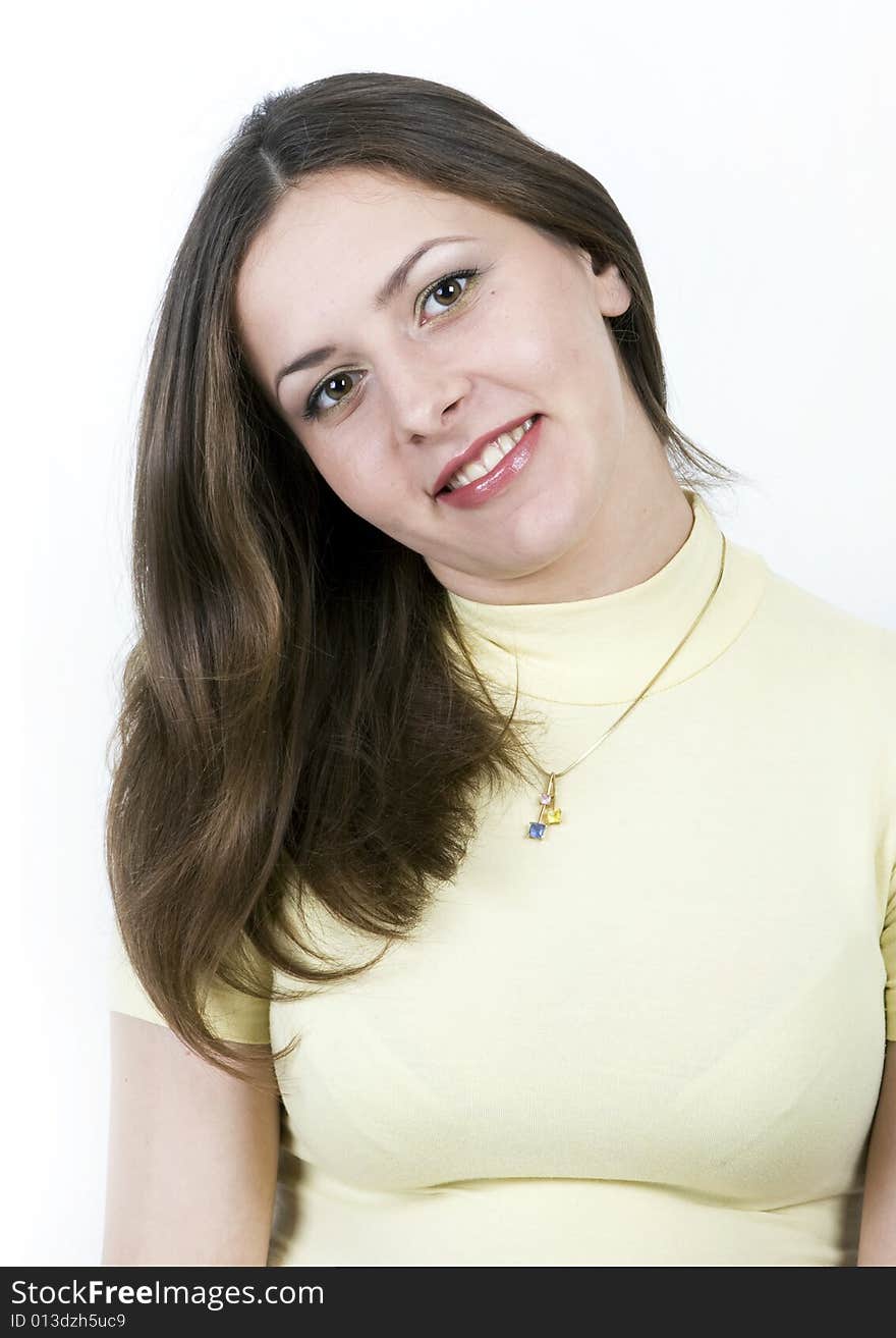 Young cute woman on white background