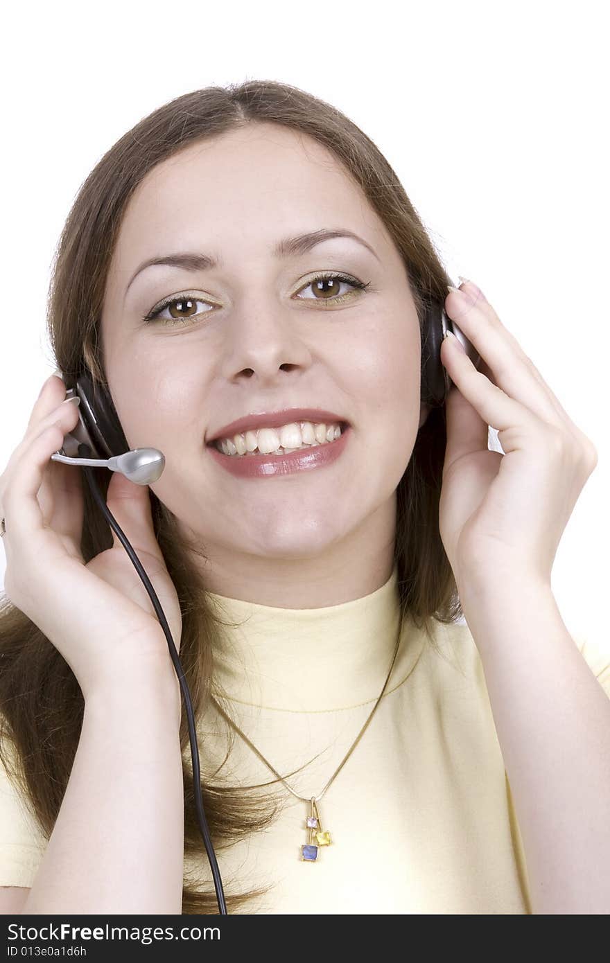 Young woman in earpieces on white