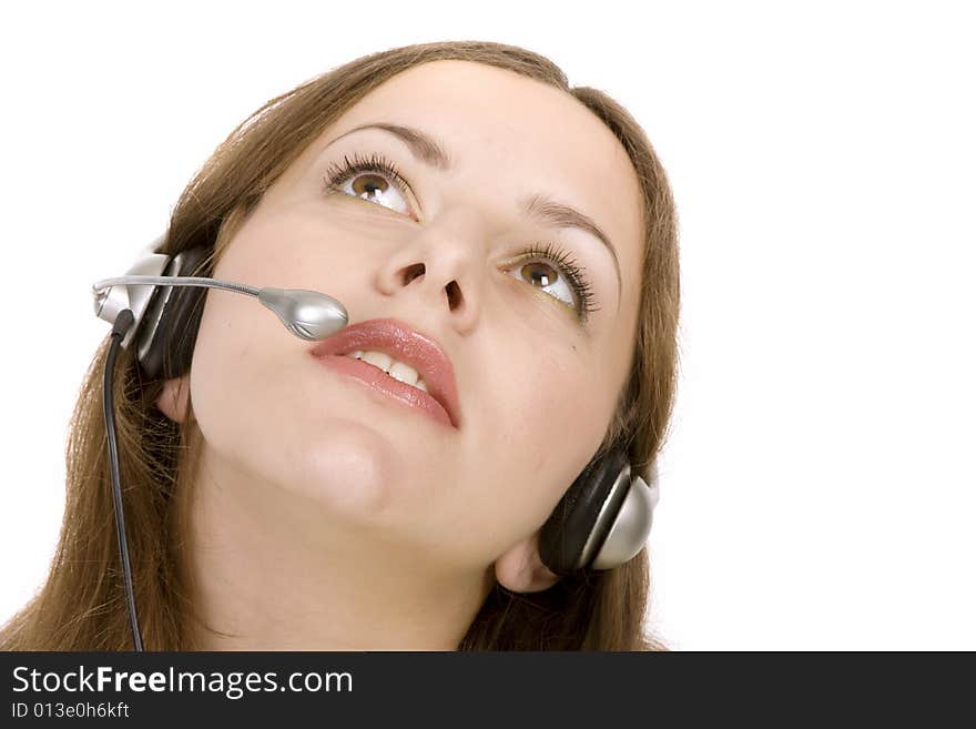 Young cute woman in earpieces on white