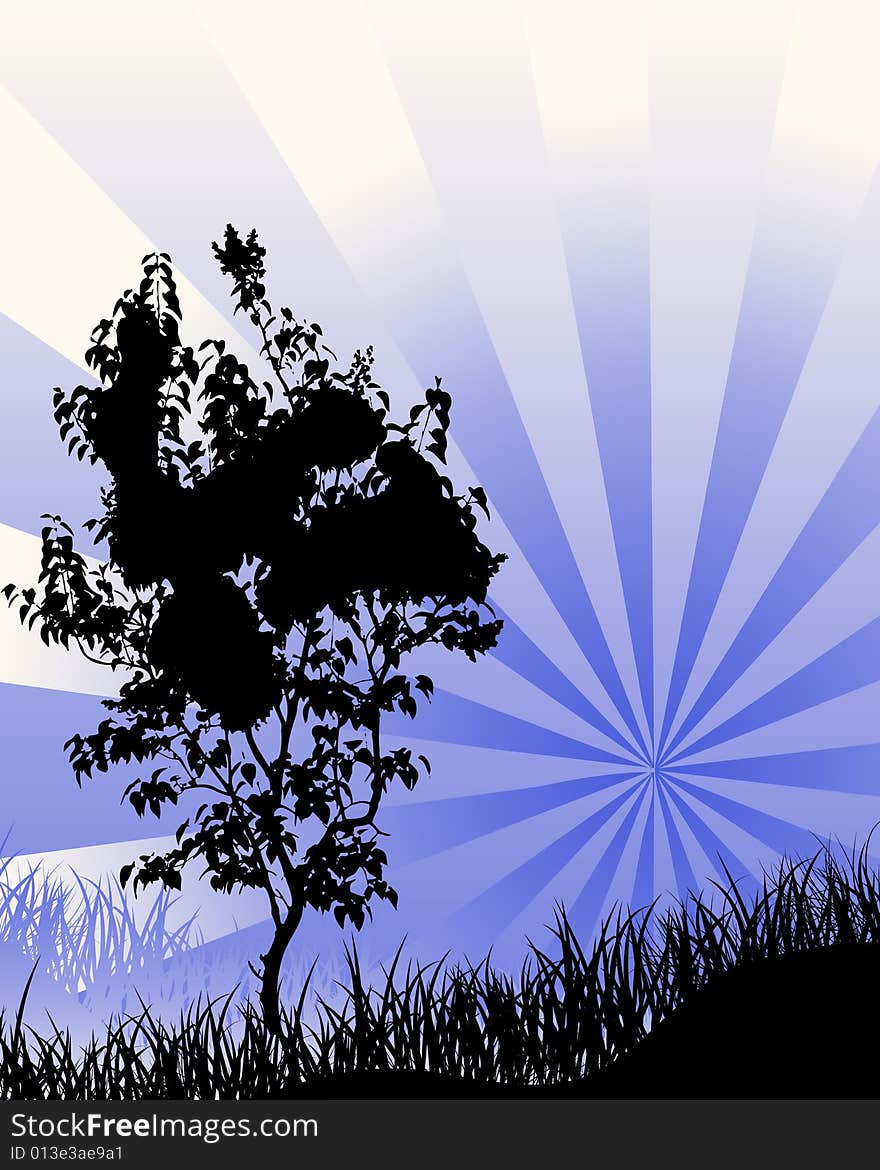 Vector tree in a blue star burst background