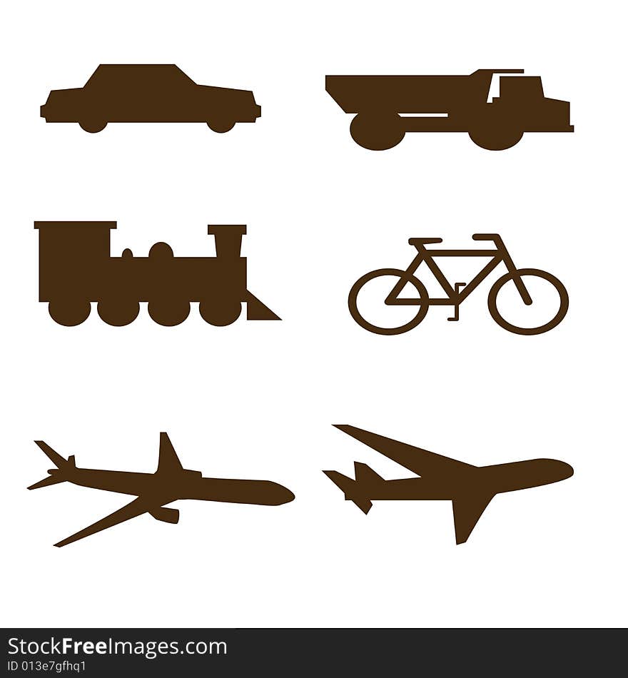 Black  shapes of planes, train, bicycle, car ,truck