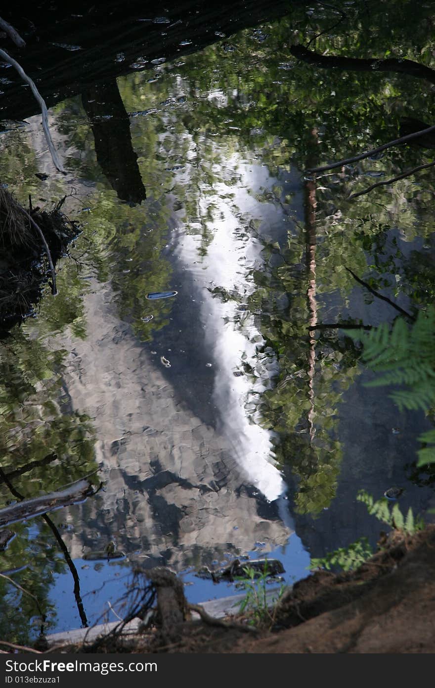 Yosemite fall reflected in a standing water. Yosemite national park. California. USA. Yosemite fall reflected in a standing water. Yosemite national park. California. USA