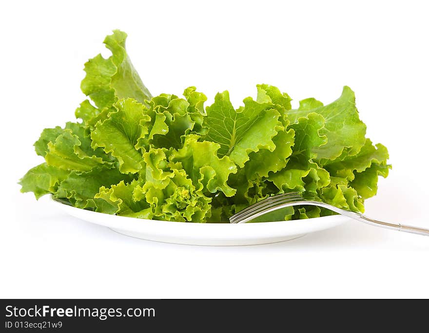 Lettuce on a white plate and a fork