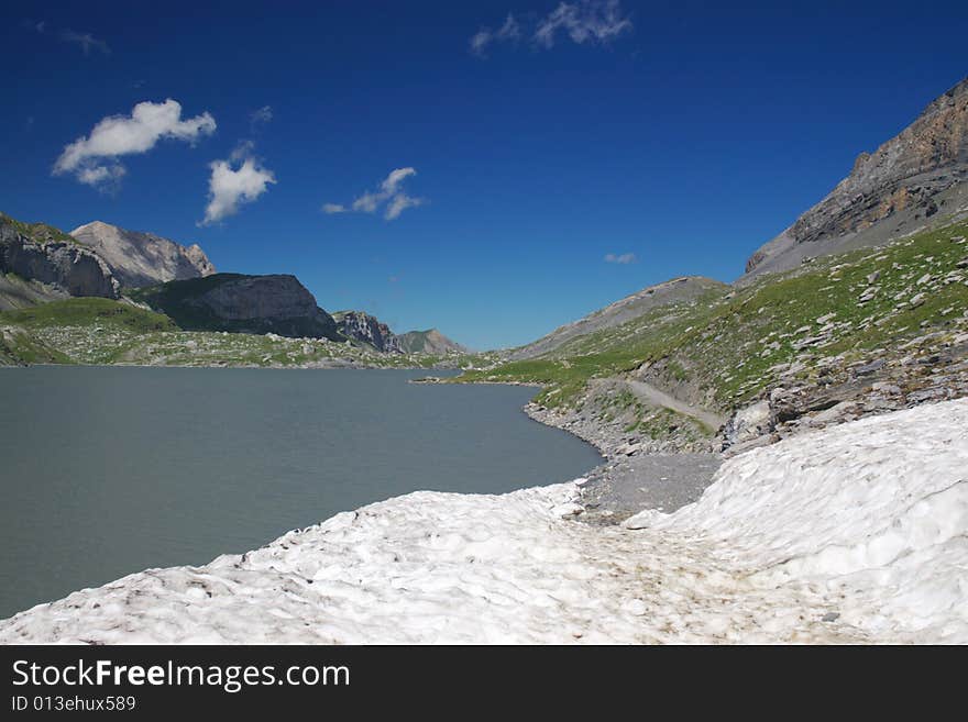 Swiss mountain lake landscape