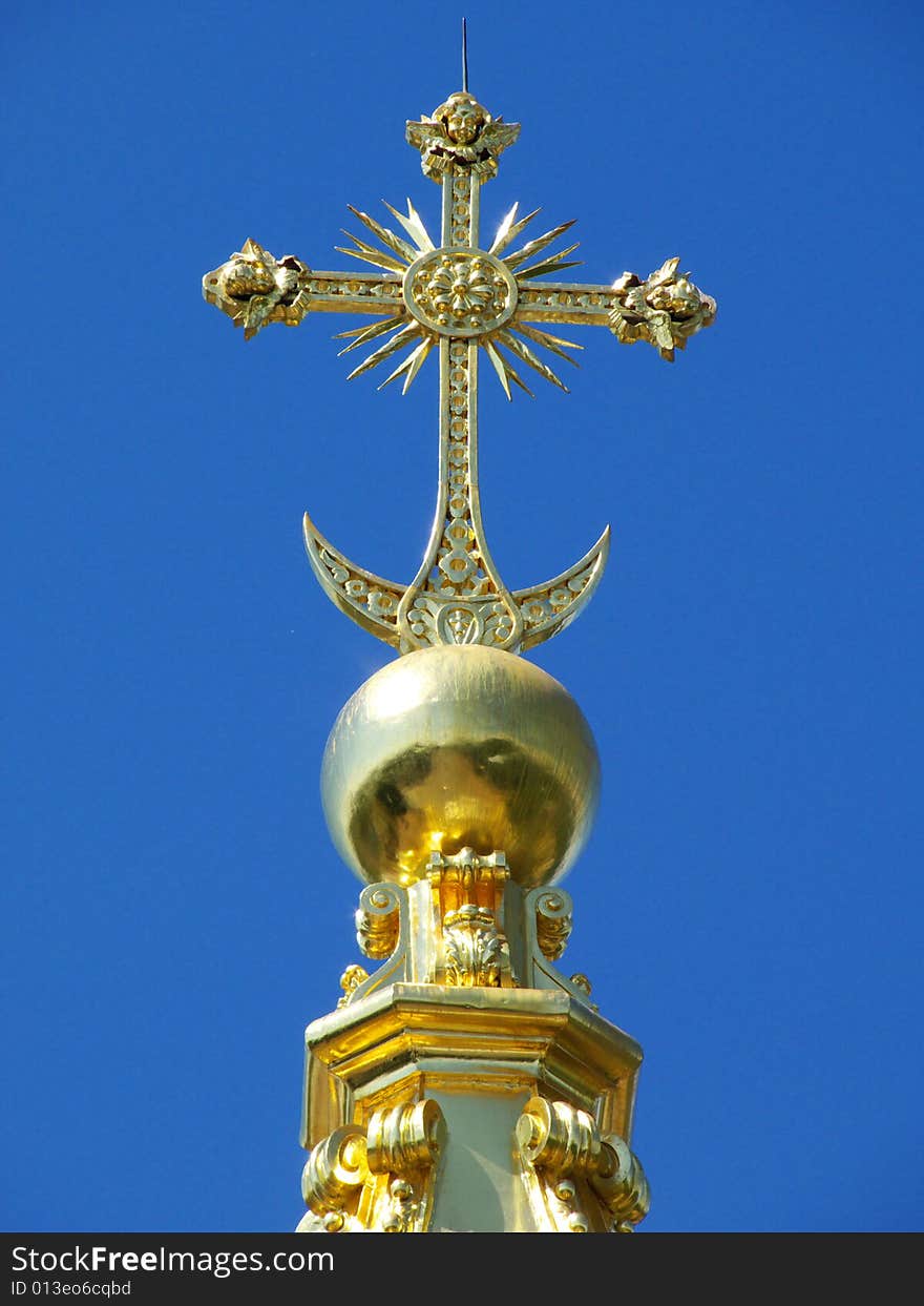 Gold orthodoxy cross on blue