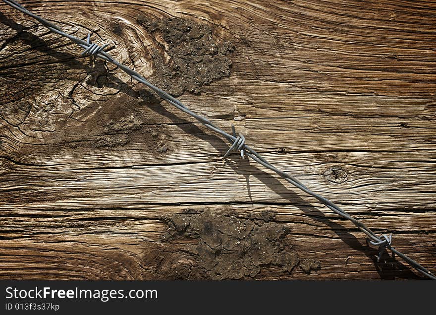 Aged Wood Texture and Barbed Wire Macro Background.