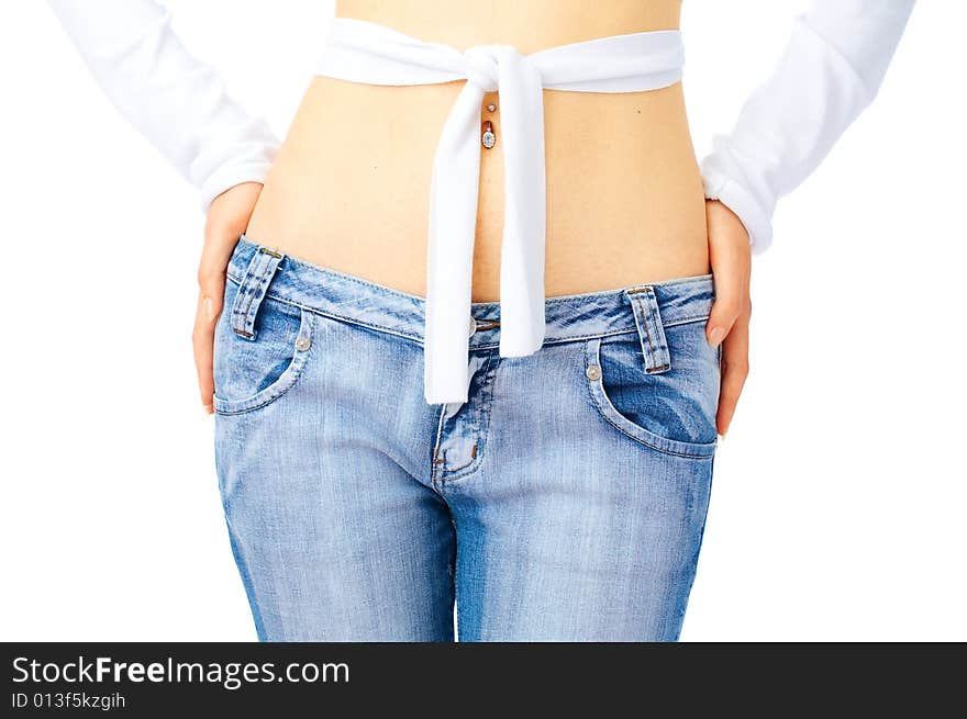 Pretty young girl in jeans over white. Pretty young girl in jeans over white