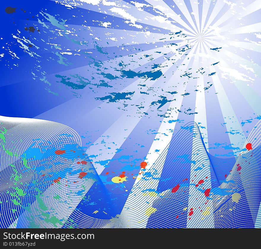 Illustration of background with sunburst and color and wave. Illustration of background with sunburst and color and wave