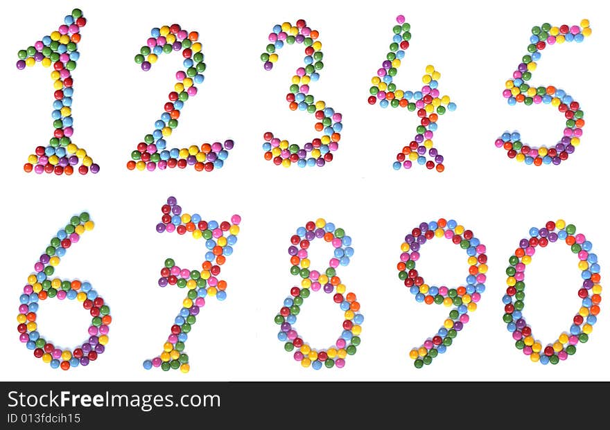 Numbers one to zerom made of candies