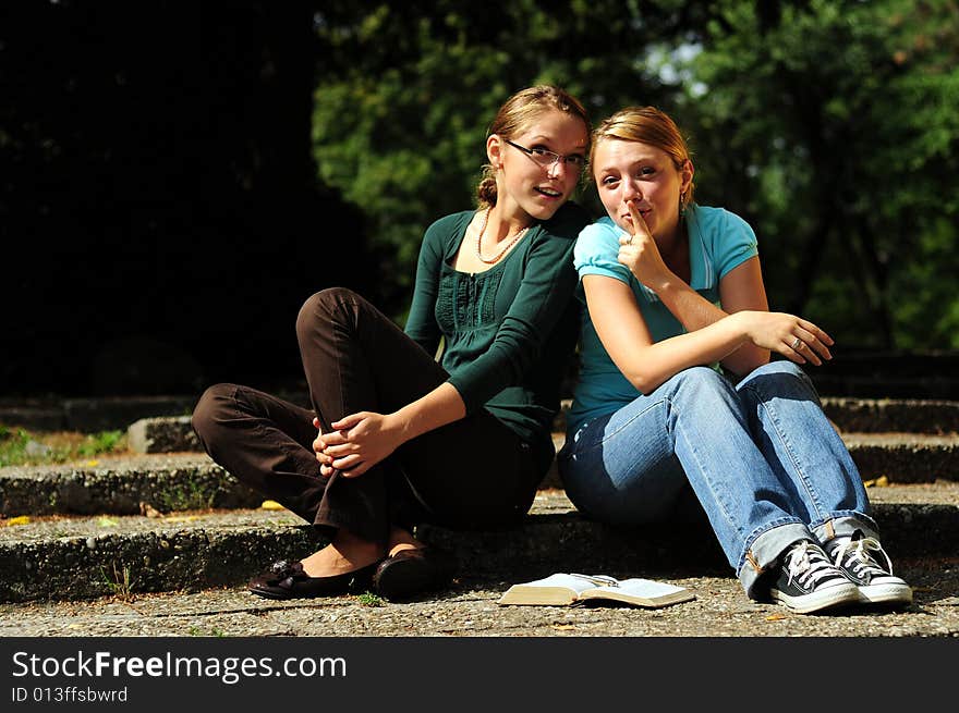 Sisters Reading in a public park. Sisters Reading in a public park