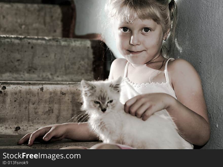 Friends. Smiling girl with a kitten in her arms. Friends. Smiling girl with a kitten in her arms