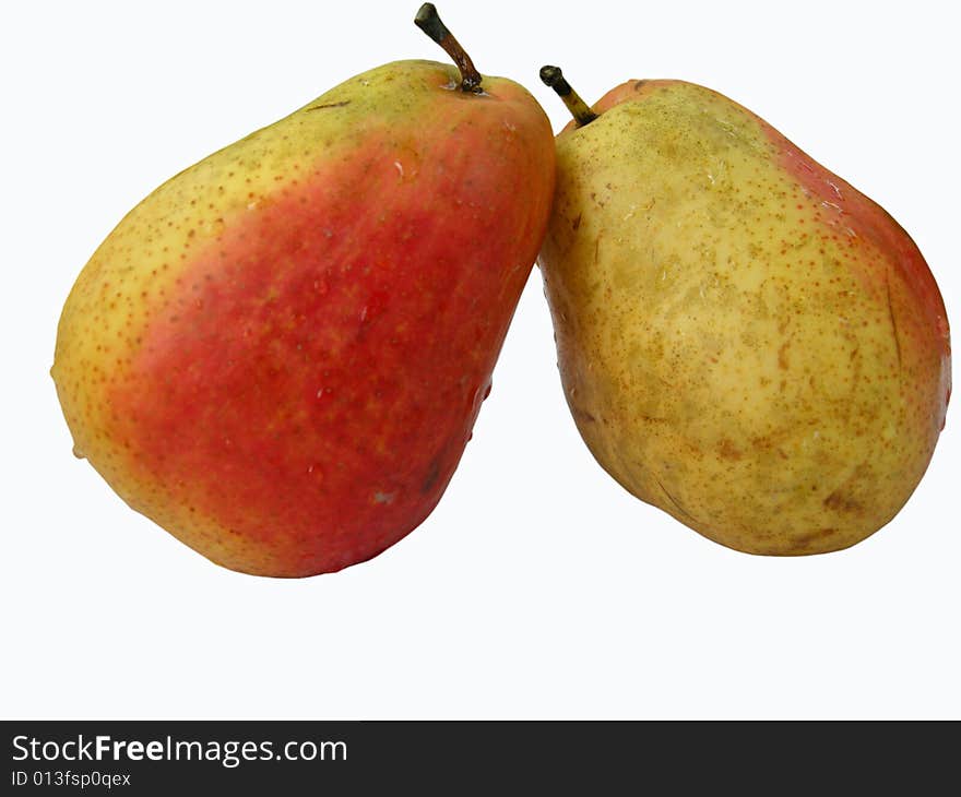 Two wet fresh pear fruits isolated on white background. Two wet fresh pear fruits isolated on white background