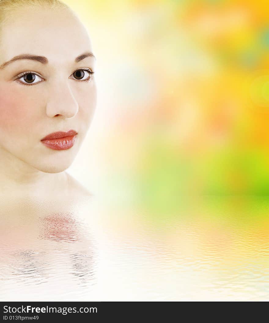 Woman with  red lips; colorful background with water reflection. Woman with  red lips; colorful background with water reflection